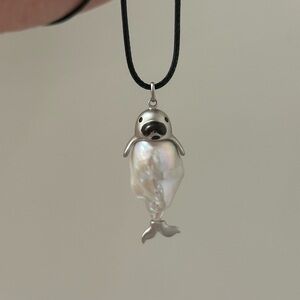 Baroque Pearl Sterling Silver Seal Pendant Leather Cord Necklace
